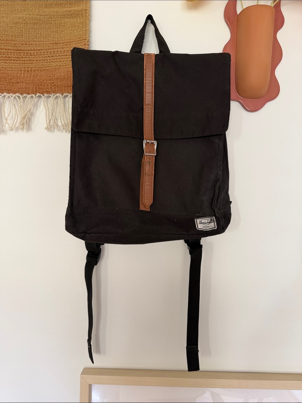 Herschel Supply Company Black Canvas Backpack with Brown Strap Accent